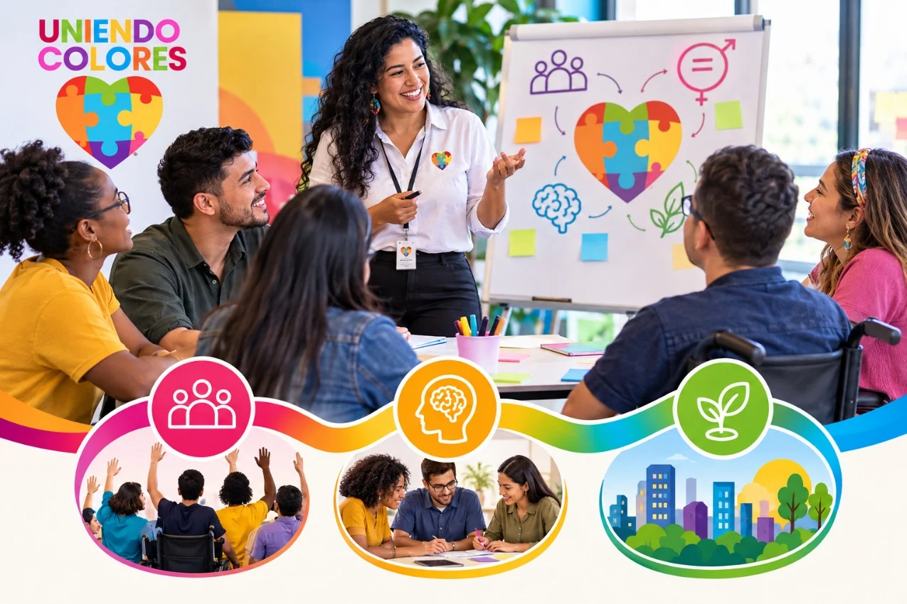 Composición de Uniendo Colores con una facilitadora, un equipo diverso y escenas de colaboración.
