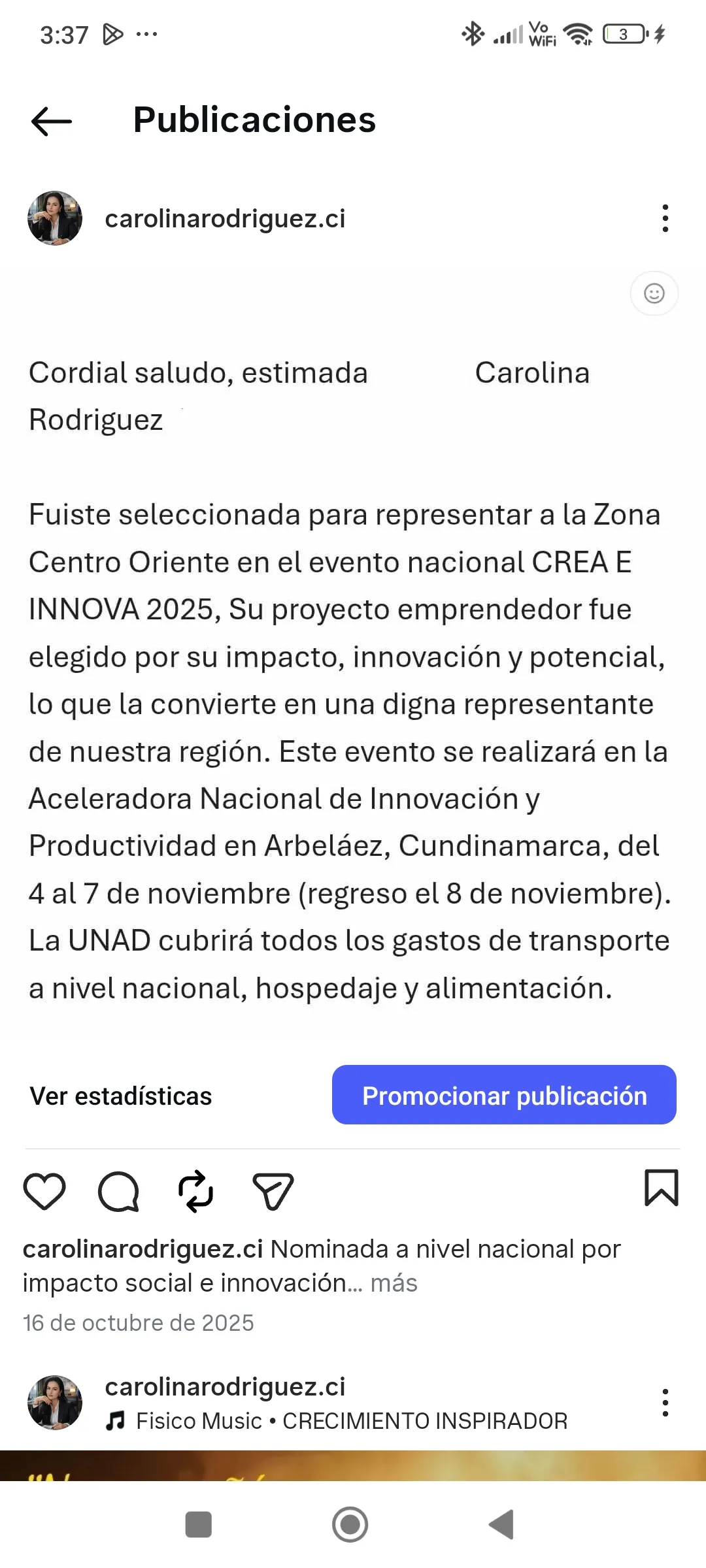 CREA E INNOVA 2025 — Seleccionada Zona Centro Oriente
