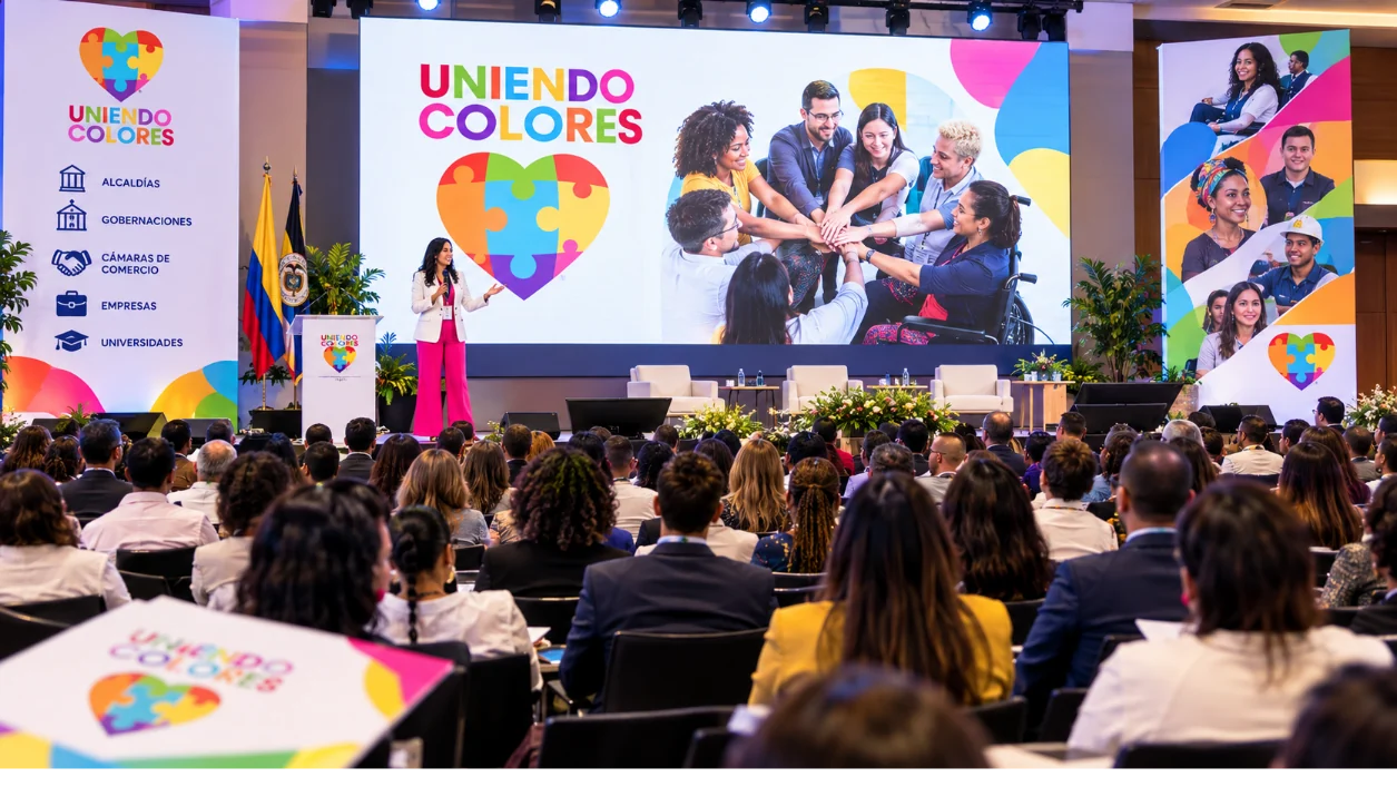 Una ponente se dirige al público en un auditorio con la imagen de Uniendo Colores.